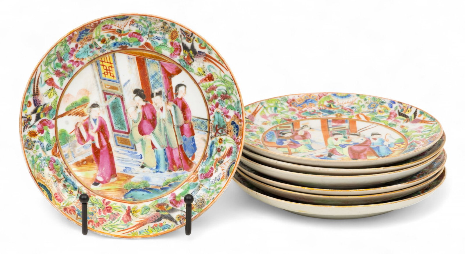 Cantonese Famille Rose Mandarin Porcelain Dishes, 19th C., Dia. 6.25" 5 PCS (1 of 3)