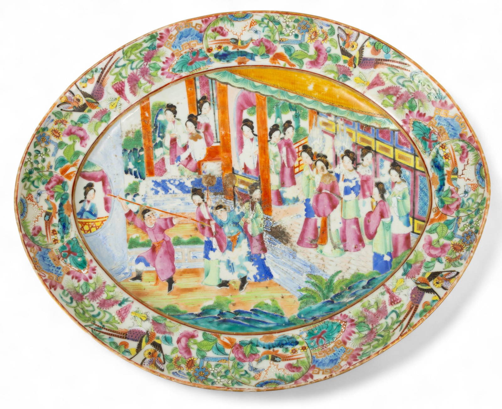 Cantonese Famille Rose Mandarin Porcelain Serving Platter, 19th C., H 1.25\" W 12\" L 14\"