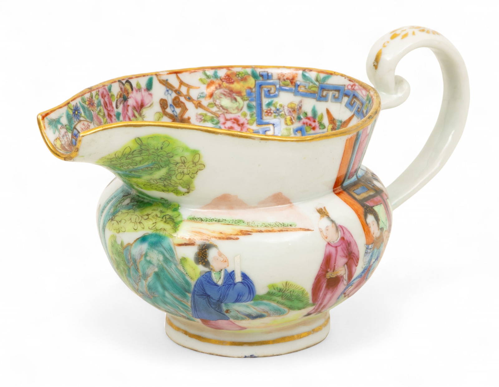 Cantonese Famille Rose Mandarin Porcelain Small Pitcher 1900-1920, H 4\" W 4.25\" L 6.75\"