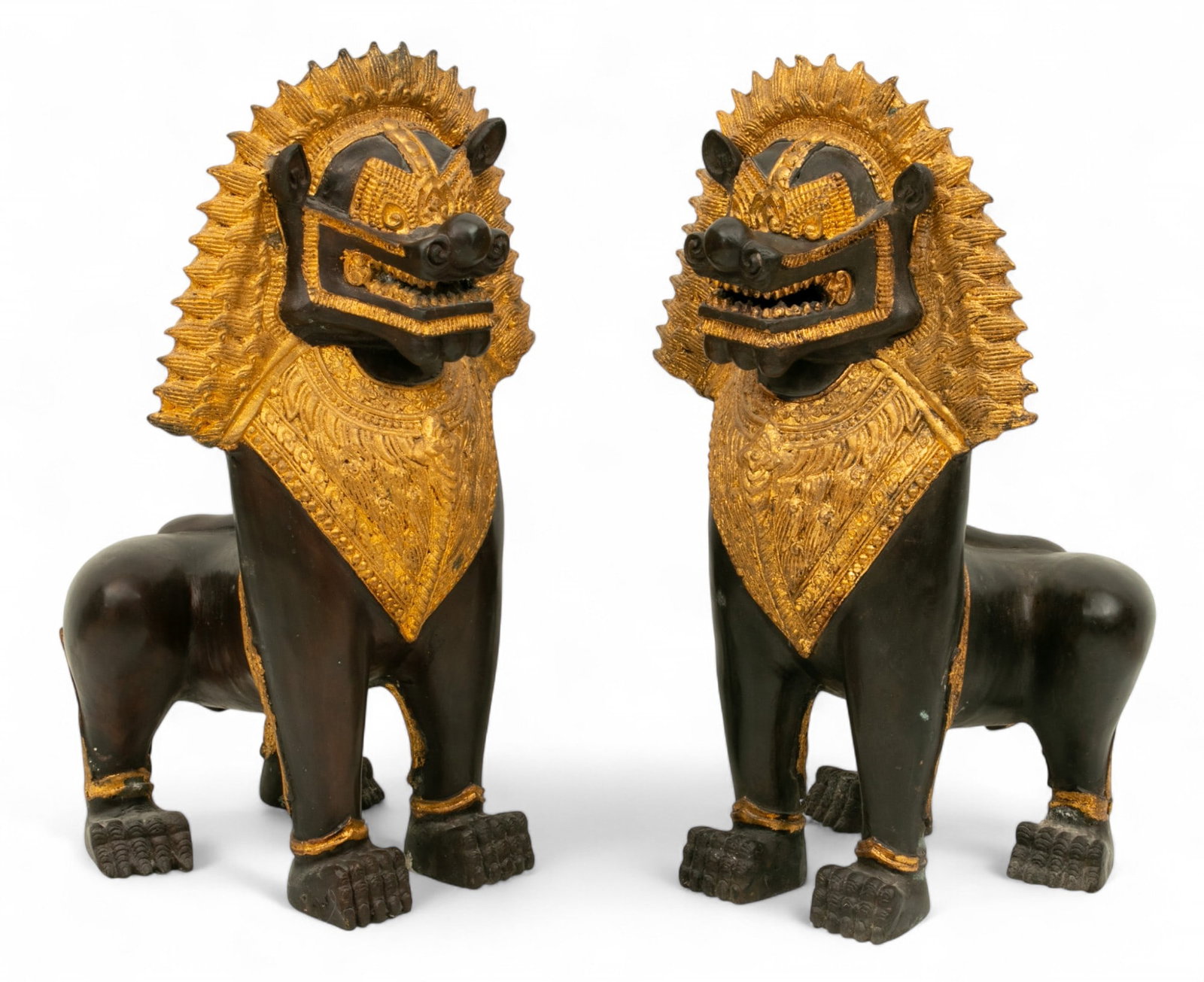 Pair of Thai Parcel Gilt Bronze Imperial Guardian Lions, 20th C., H 21.5" W 12" L 15" 2 PCS (1 of 6)