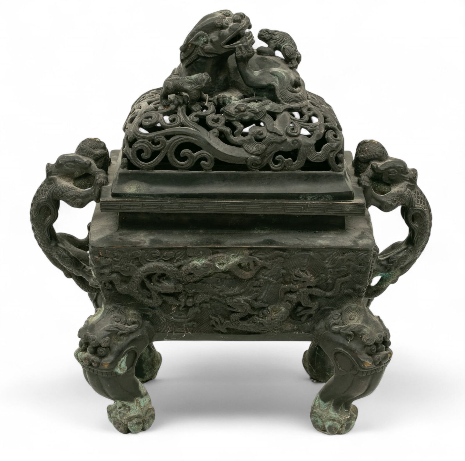 Chinese Bronze Monumental Incense Burner, Ca. 1920, H 19" W 18" Depth 11" (1 of 6)