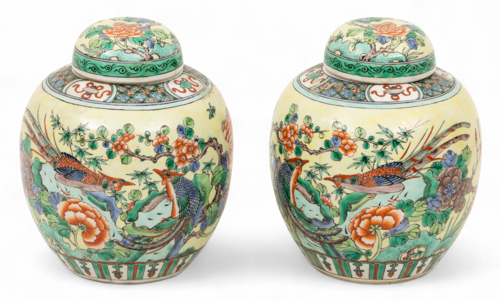 Chinese Porcelain Ginger Jars 19th C., H 8" Dia. 6.5" 1 PAIR: Chinese Porcelain Ginger Jars 19th C., H 8" Dia. 6.5" 1 PAIR Having finely painted motif of phoenix birds flying amongst flowering trees and insects. With covers. Provenance: Property from the