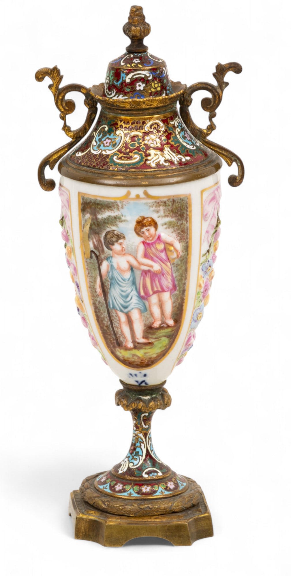 Italian Capodimonte Porcelain And French Enameled Champlevé Cabinet Urn with Cover 1860, H 11" (1 of 4)