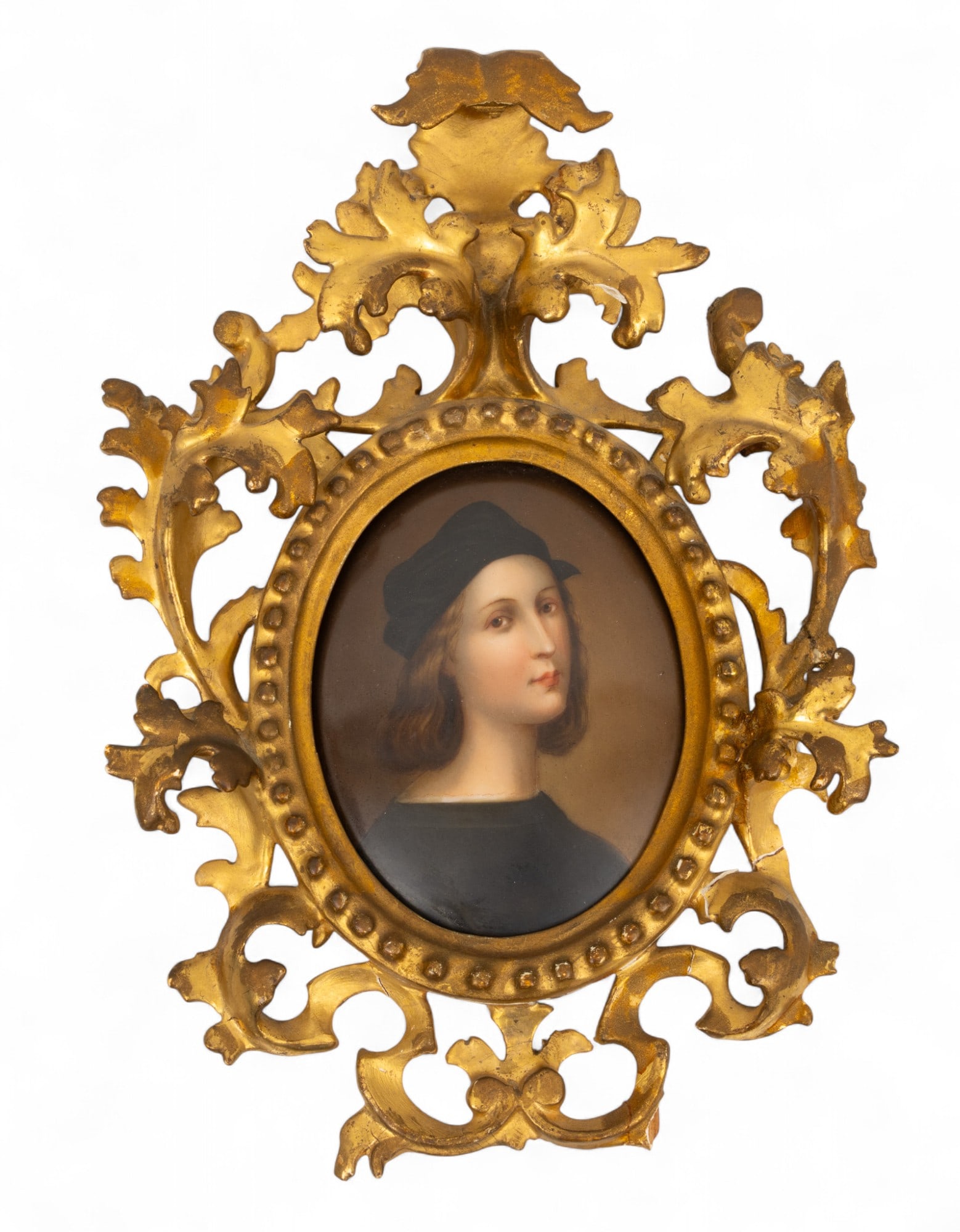 Florentine Painting Portrait After Raphael on Porcelain, Carved Gilt Frame. 1900, H 10" W 7.5": Florentine Painting Portrait After Raphael on Porcelain, Carved Gilt Frame. 1900, H 10" W 7.5" Hand painted oval porcelain portrait of noble lady in black gown and black cap. Porcelain only is 4 1/2"
