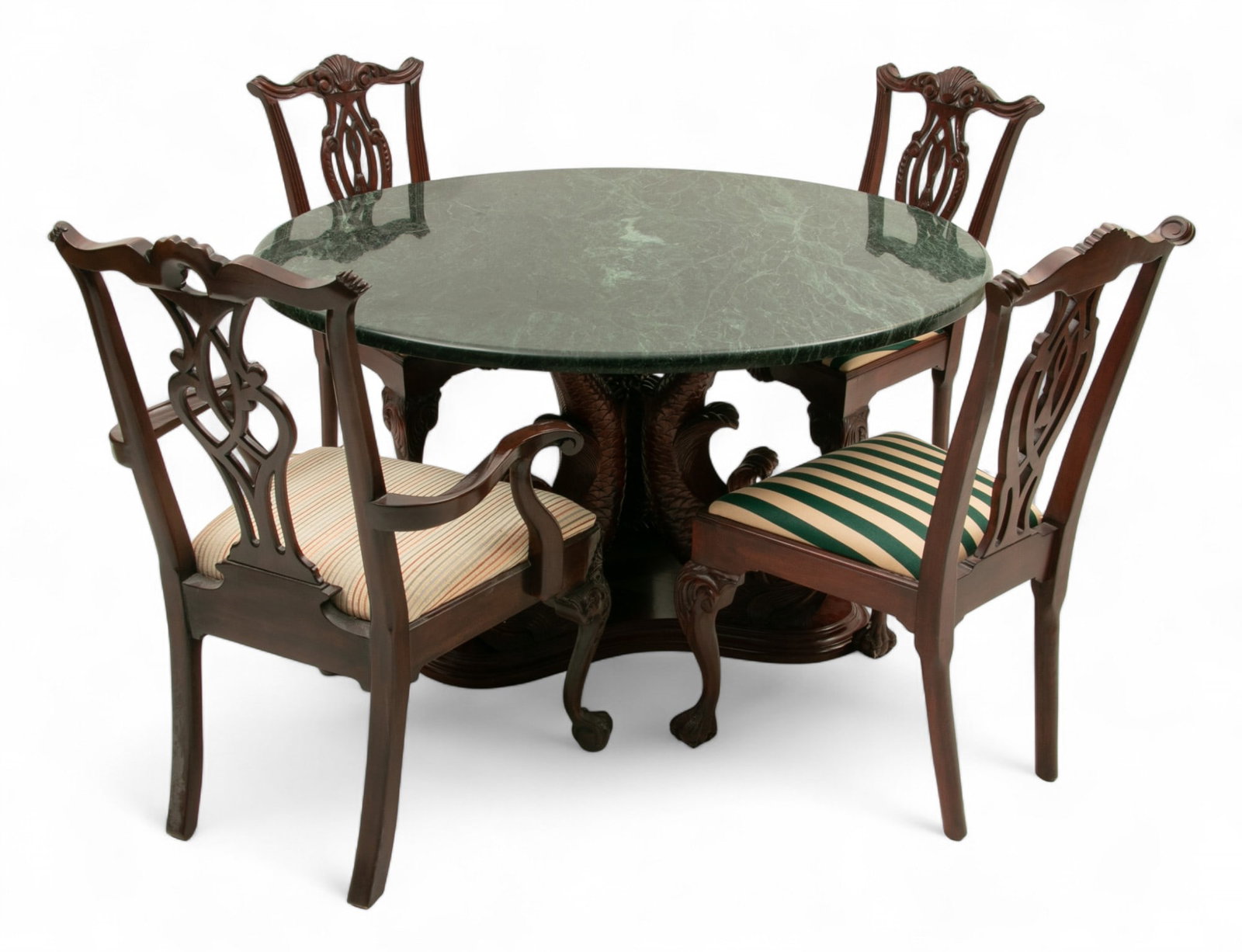 French Regency Style Carved Wood And Marble Top Dolphin Base Table + 4 Henredon Chairs 1950, H 31": French Regency Style Carved Wood And Marble Top Dolphin Base Table + 4 Henredon Chairs 1950, H 31" Dia. 54" 5 PCS Mahogany finish base in the form of three conjoined dolphins support round green marbl