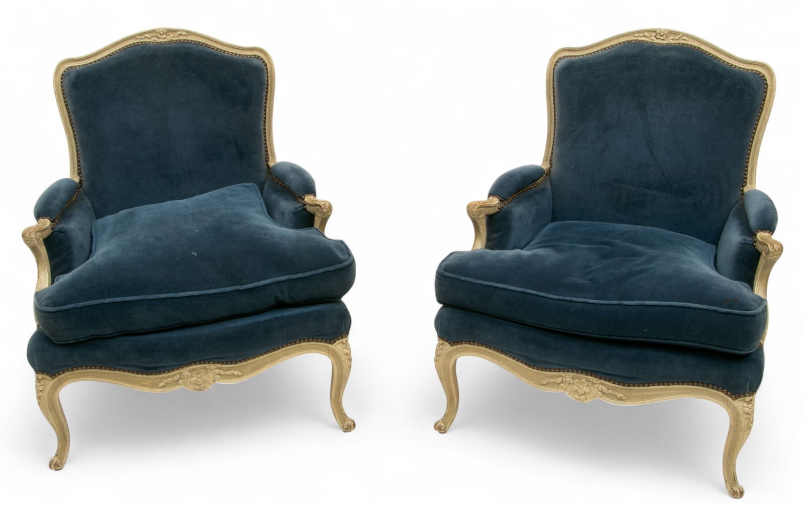 Louis XVI Style Hand Carved And Painted Walnut Bergeres 1940, H 36" W 30" Depth 25" 1 PAIR (1 of 5)