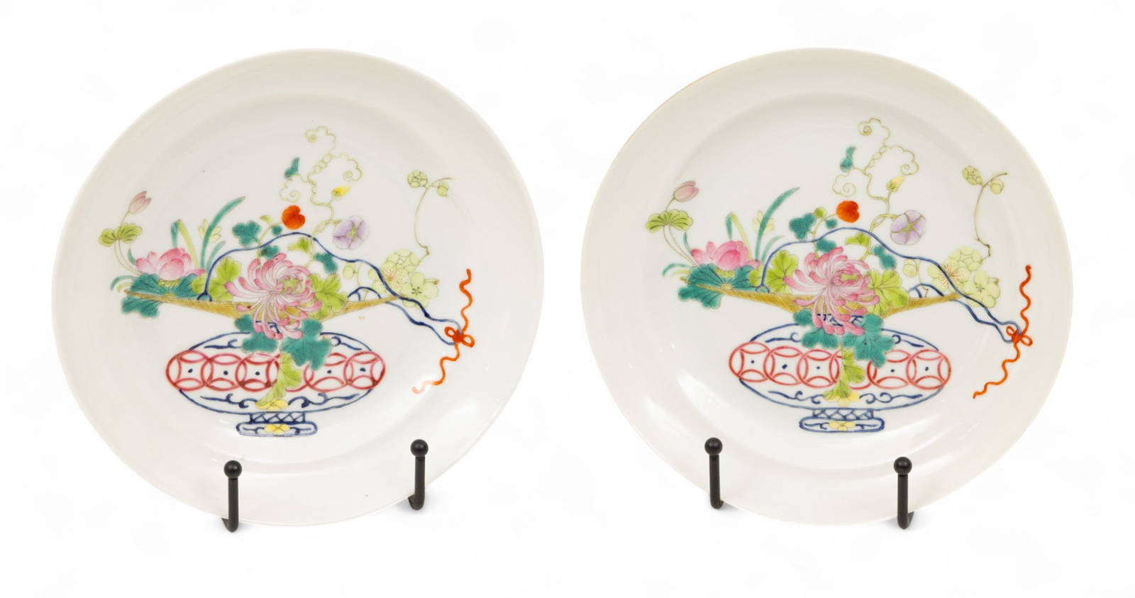 Pair of Chinese Hand Painted Porcelain Shallow Bowls, 20th C., H 1.375\" Dia. 7.625\" 2 PCS
