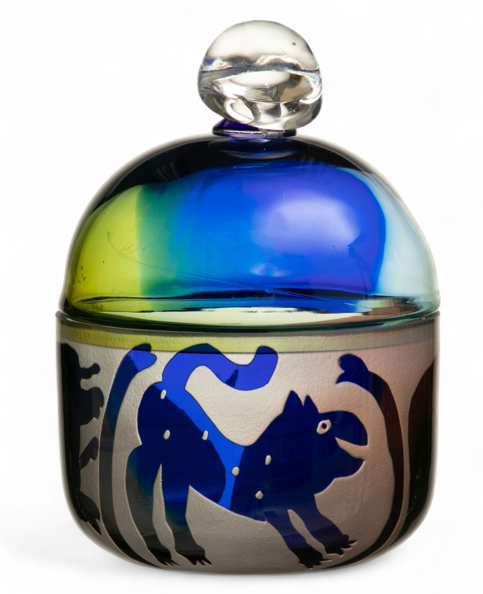 Goran Warff for Kosta Boda (Swedish) Art Glass Covered Bowl H 9.25" Dia. 6.5": Goran Warff for Kosta Boda (Swedish) Art Glass Covered Bowl H 9.25" Dia. 6.5" Signed and numbered 7906 on the underside. Frosted and colored glass covered bowl designed with a spotted cat and two snak