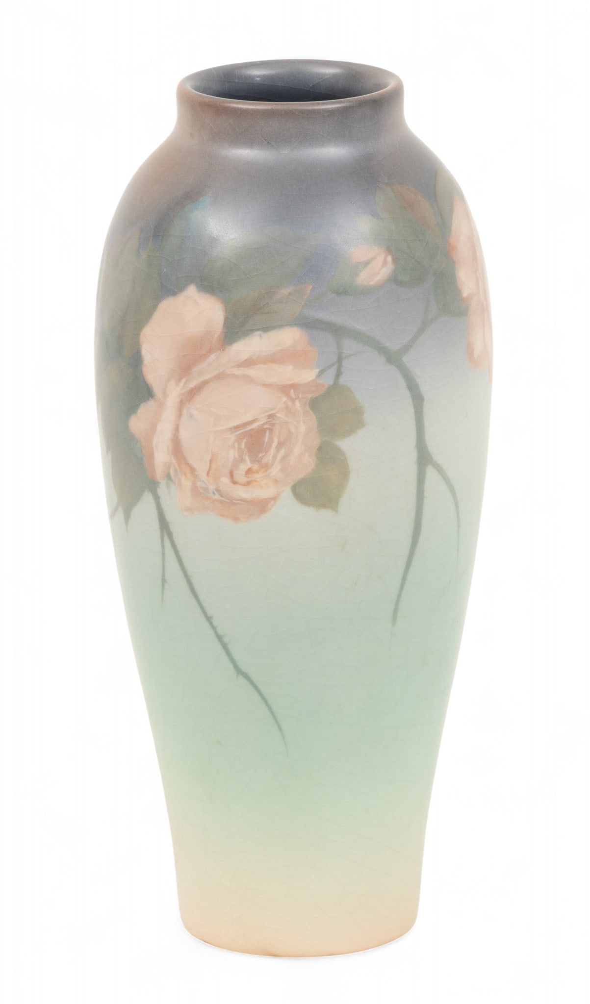 Ed Diers for Rookwood , 1871-1947 Vellum Pottery Vase, Roses H 10": Ed Diers for Rookwood , 1871-1947 Vellum Pottery Vase, Roses H 10" Impressed flame trade mark and artist initials. Dimensions: H 10"