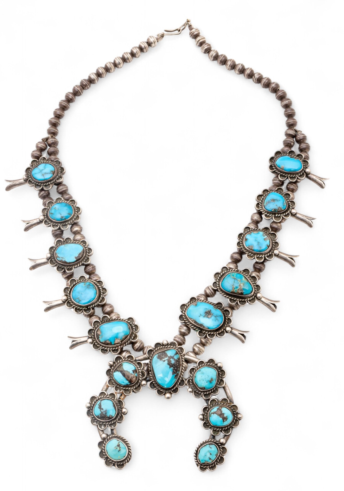 Southwest Silver And Turquoise Squash Blossom Necklace 1940, L 24" 144 g (1 of 5)
