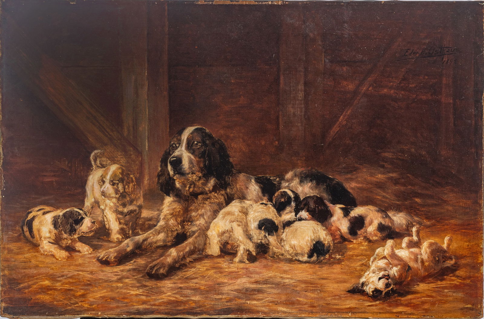Edmund Henry Osthaus (American, 1858-1928) Oil on Canvas 'Setter with Her Pups', H 17" W 26" Frame: Edmund Henry Osthaus (American, 1858-1928) Oil on Canvas 'Setter with Her Pups', H 17" W 26" Frame Size: H 23.5" W 32.5" Signed and dated upper right. Provenance: The artist. Collection of Mr.