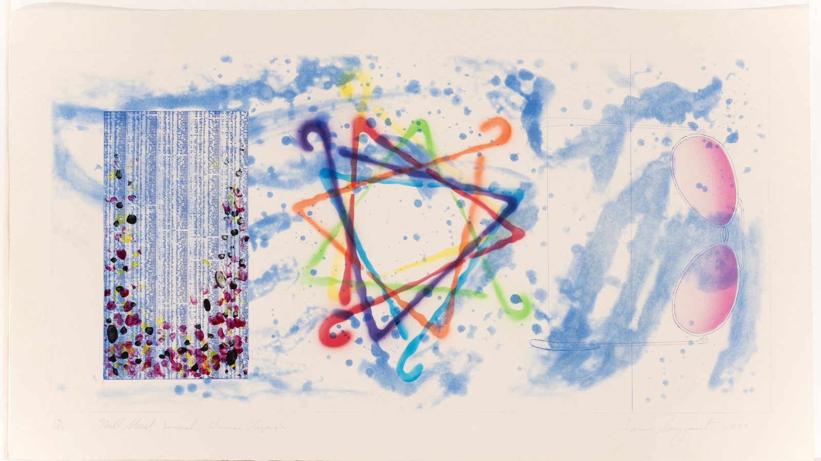 James Rosenquist (American, 1933-2017) Etching And Aquatint in Colors on Wove Paper, 1977, 'Wall: James Rosenquist (American, 1933-2017) Etching And Aquatint in Colors on Wove Paper, 1977, 'Wall Street Journal, Dinner Triangles', H 18" W 35.5" Frame Size: H 29.5" W 48.5" Signed, titled and dated i