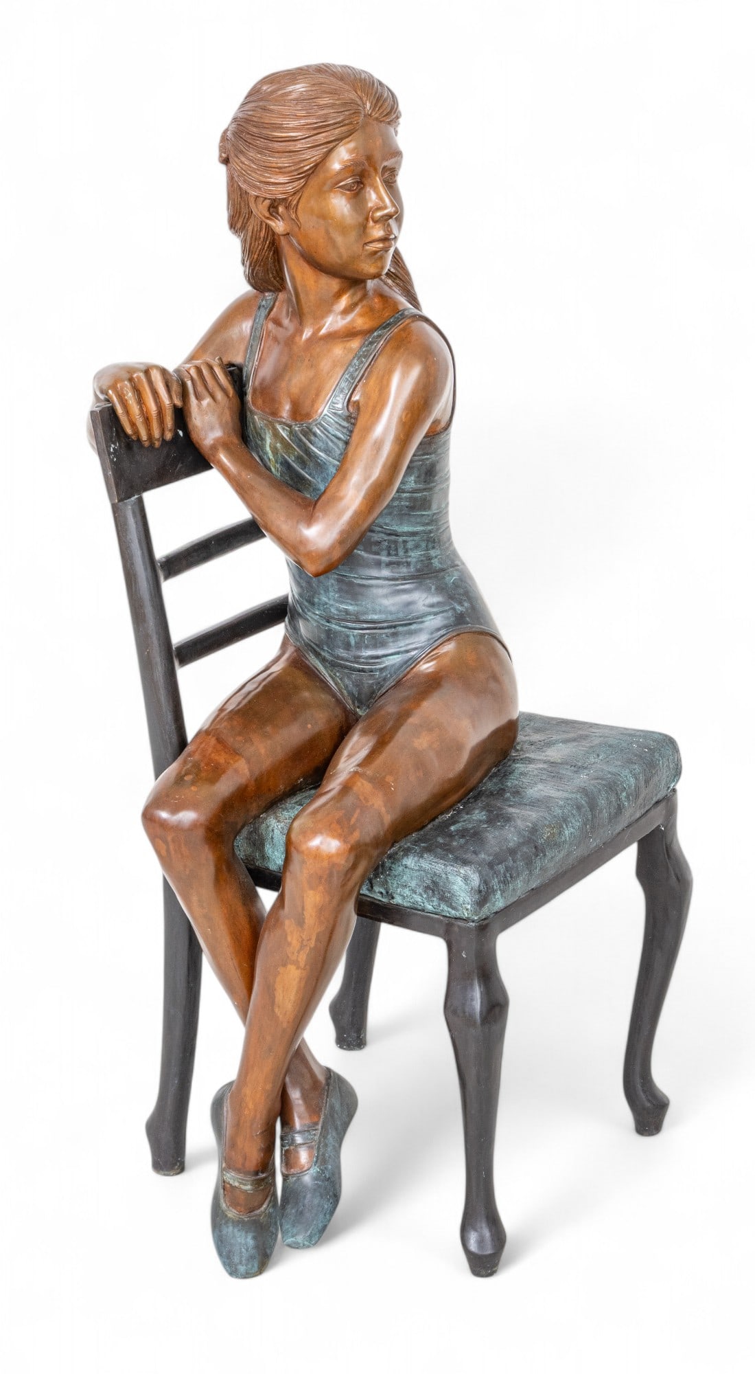 Desmond Fountain (Bermudian, B. 1946) Patinated Bronze Sculpture, 'Interlude', H 46" W 20" Depth 24": Desmond Fountain (Bermudian, B. 1946) Patinated Bronze Sculpture, 'Interlude', H 46" W 20" Depth 24" Unsigned. Depicting a seated dancer looking over her shoulder. Green, black and brown patination.&n