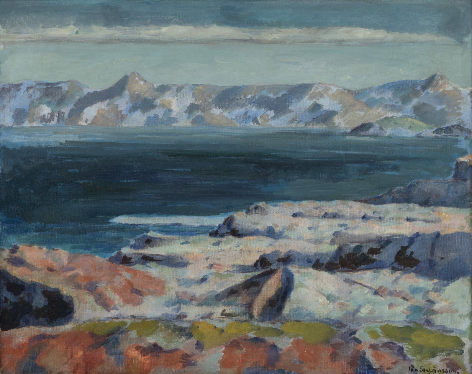 Jon Stefansson (Icelandic, 1881-1962) Oil on Canvas, 'Icelandic Landscape', H 20" W 24" Frame Size:: Jon Stefansson (Icelandic, 1881-1962) Oil on Canvas, 'Icelandic Landscape', H 20" W 24" Frame Size: H 25" W 30" Signed in the lower right. Rugged Icelandic landscape with a rocky shoreline, body of wa