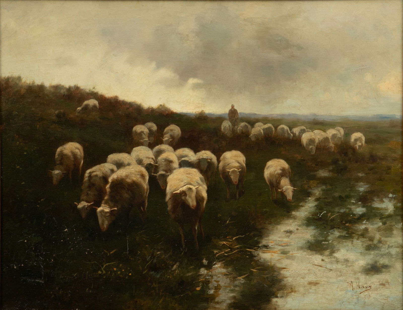 Anton Mauve (Dutch, 1838-1888) Oil on Canvas, 'Shepherd Watering His Flock', H 18" W 24" Frame Size:: Anton Mauve (Dutch, 1838-1888) Oil on Canvas, 'Shepherd Watering His Flock', H 18" W 24" Frame Size: H 32.5" W 37.5" Signed lower right. Depicting a shepherd guiding his flock of sheep to a small stre