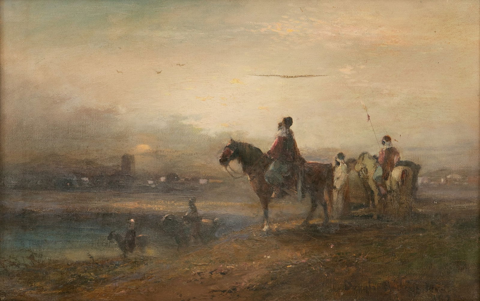 Douglas Arthur Teed (American, 1860-1929) Oil on Canvas, 1924, 'Arab Horseman on a Bluff', H 13" W: Douglas Arthur Teed (American, 1860-1929) Oil on Canvas, 1924, 'Arab Horseman on a Bluff', H 13" W 20" Frame Size: H 19" W 26" Signed and dated in the lower right. Depicting five Arab horsemen on a ri