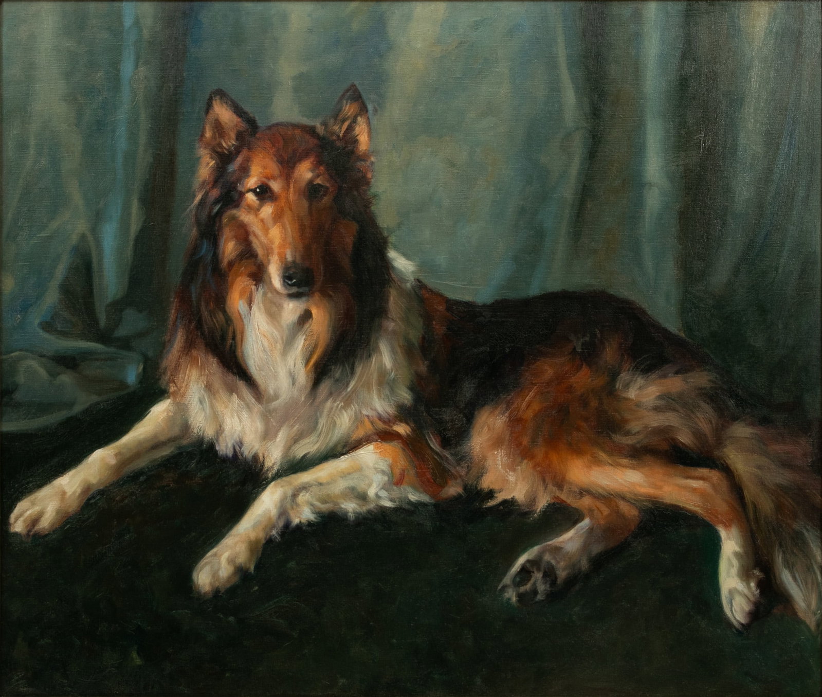 English School Oil on Canvas 19th/20th C, 'Portrait of a Collie', H 34" W 40" Frame Size: H 41" W: English School Oil on Canvas 19th/20th C, 'Portrait of a Collie', H 34" W 40" Frame Size: H 41" W 47.5" Depicting a recumbent collie in a home setting. Unsigned. Framed. Provenance: Proper
