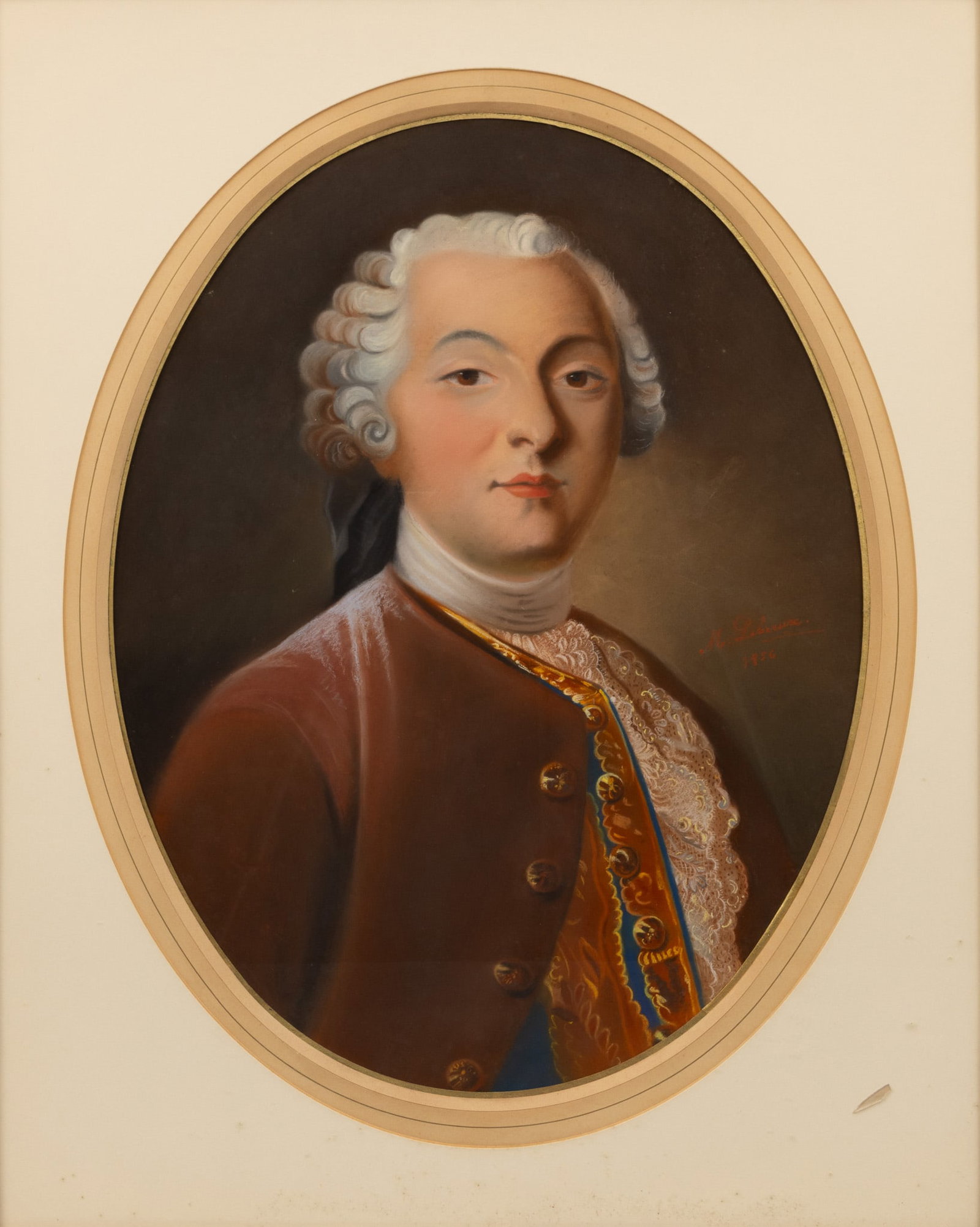M. Lebreux (French, 19th C.) Pastel on Paper, 1856, 'Portrait of a Gentleman', H 22.5" W 17" Frame: M. Lebreux (French, 19th C.) Pastel on Paper, 1856, 'Portrait of a Gentleman', H 22.5" W 17" Frame Size: H 34" W 27.75" Signed 'M. Lebreux' and dated 1856 at the center right. Oval portrait of an 18th