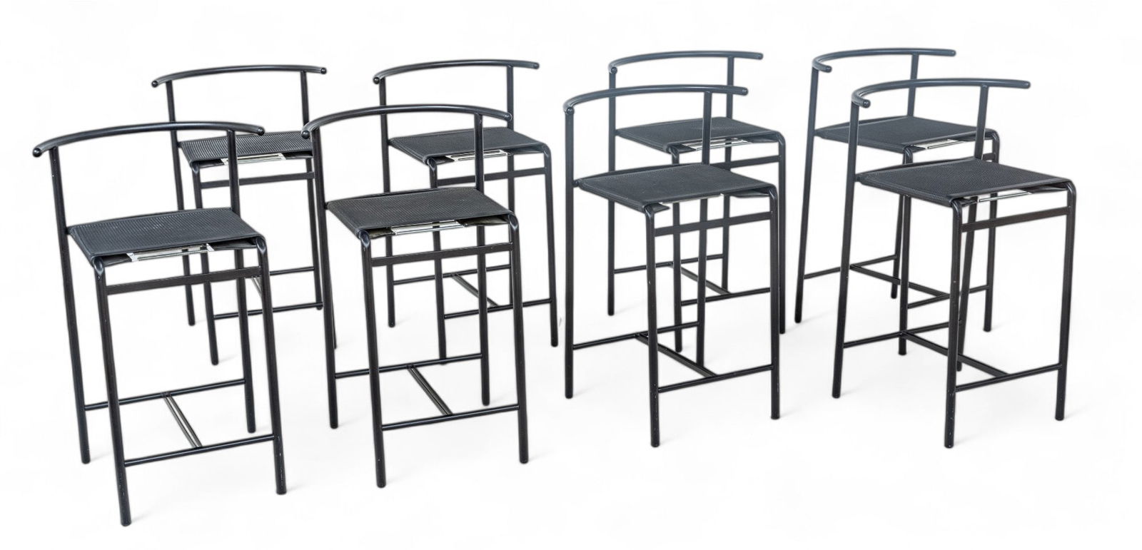 Philippe Starck (French, B. 1949) for Baleri Italia, Steel And Latex Rubber Café Chairs, Ca.: Philippe Starck (French, B. 1949) for Baleri Italia, Steel And Latex Rubber Café Chairs, Ca. 1980s, H 33" W 21" Depth 19" 8 PCS Steel tube frames painted black with epoxy powder. Seat made of a l