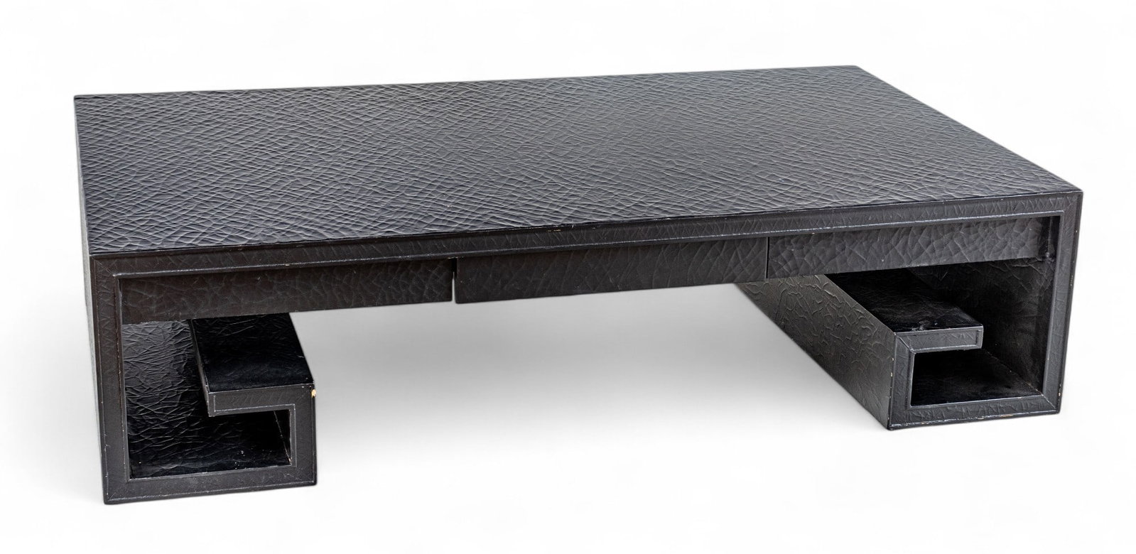 Baker Furniture (Est.1890) Chinoiserie Style Black Lacquer Cocktail Table H 14" W 36" L 60": Baker Furniture (Est.1890) Chinoiserie Style Black Lacquer Cocktail Table H 14" W 36" L 60" Intentionally distress black lacquer. Central drawers at either side. Baker metal tag at one drawer interior