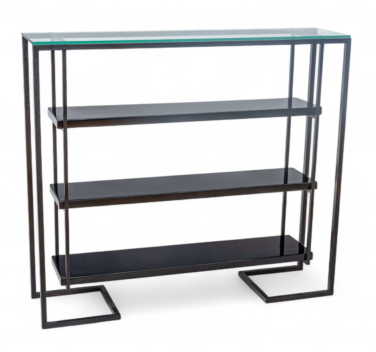 Patinated Metal, Lacquered Wood And Glass Top Shelving Console H 43" L 48" Depth 12": Patinated Metal, Lacquered Wood And Glass Top Shelving Console H 43" L 48" Depth 12" Having a black patinated metal frame with would lacquered wood shelves and a glass top. No apparent labels or maker
