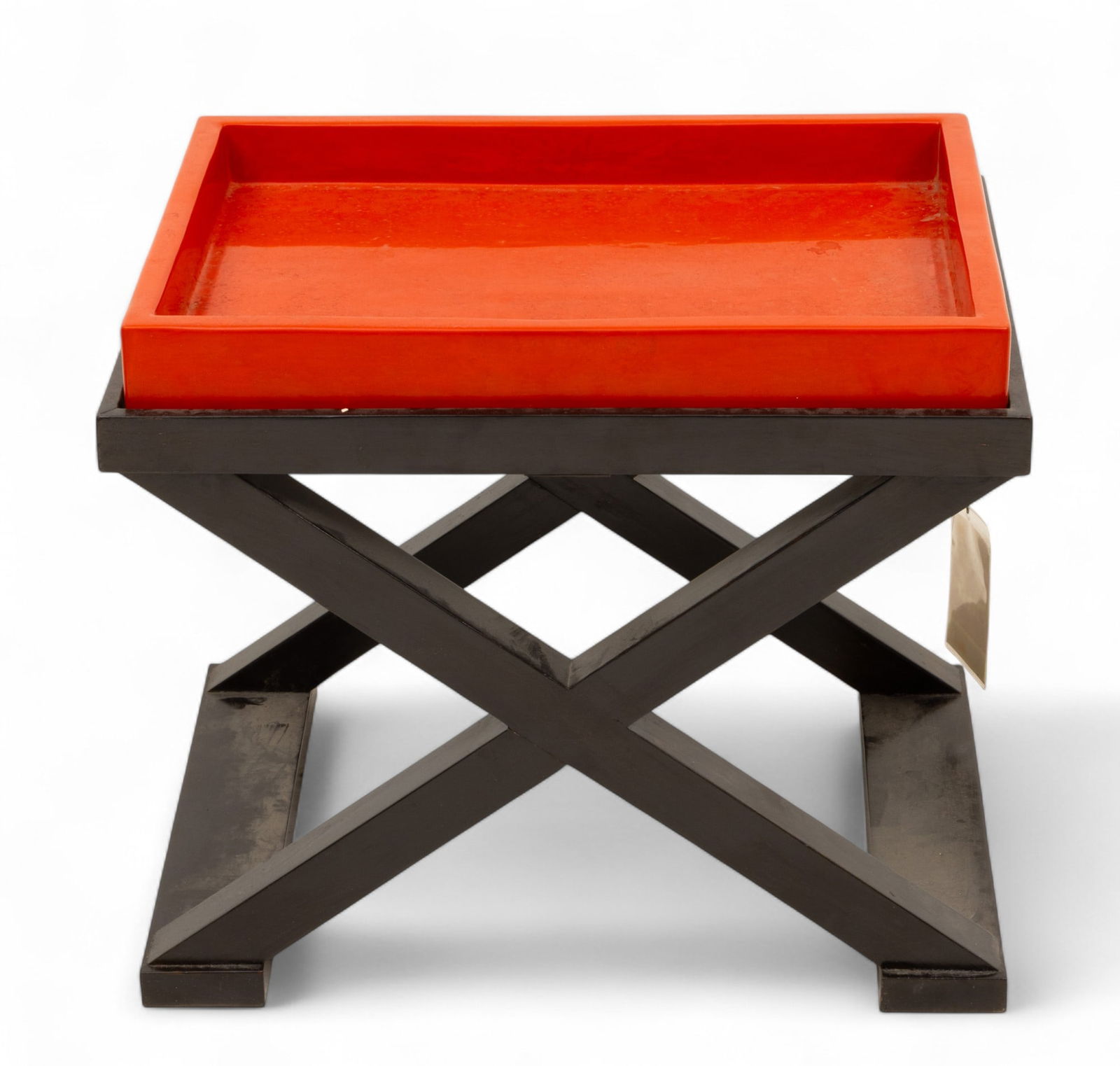 Robert Kuo for Baker-McGuire Lacquered Wood Tray Top Table, H 20.75" W 20.5" L 25.25": Robert Kuo for Baker-McGuire Lacquered Wood Tray Top Table, H 20.75" W 20.5" L 25.25" Black lacquered X-form base with a red lacquered inset tray top. Dimensions: H 20.75" W 20.5" L 25.25"