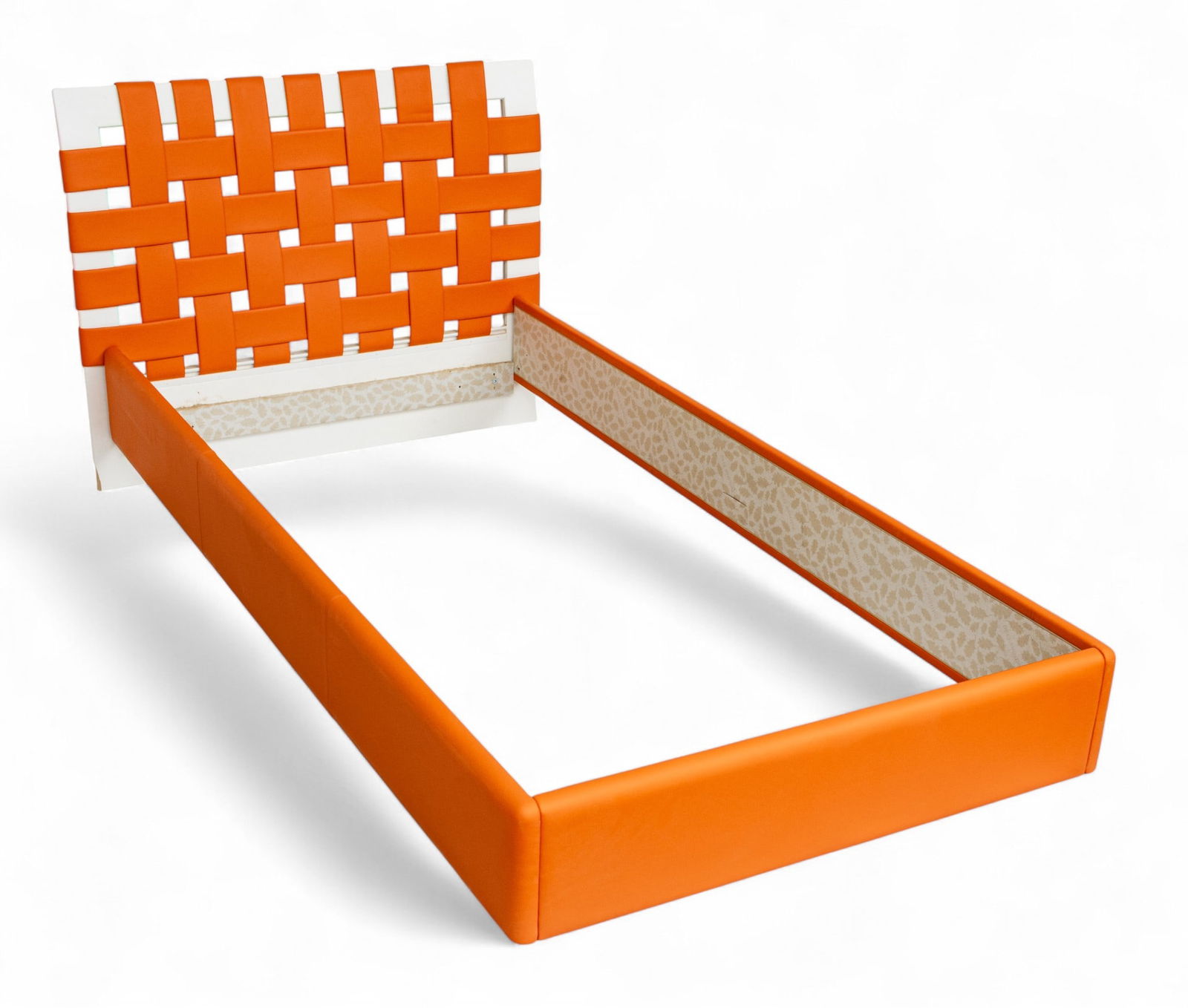 Poltrona Frau (Italian) Leather And Wood Headboard H 37" W 45.5": Poltrona Frau (Italian) Leather And Wood Headboard H 37" W 45.5" Orange leather woven headboard. With bed frame. Dimensions: H 37" W 45.5"