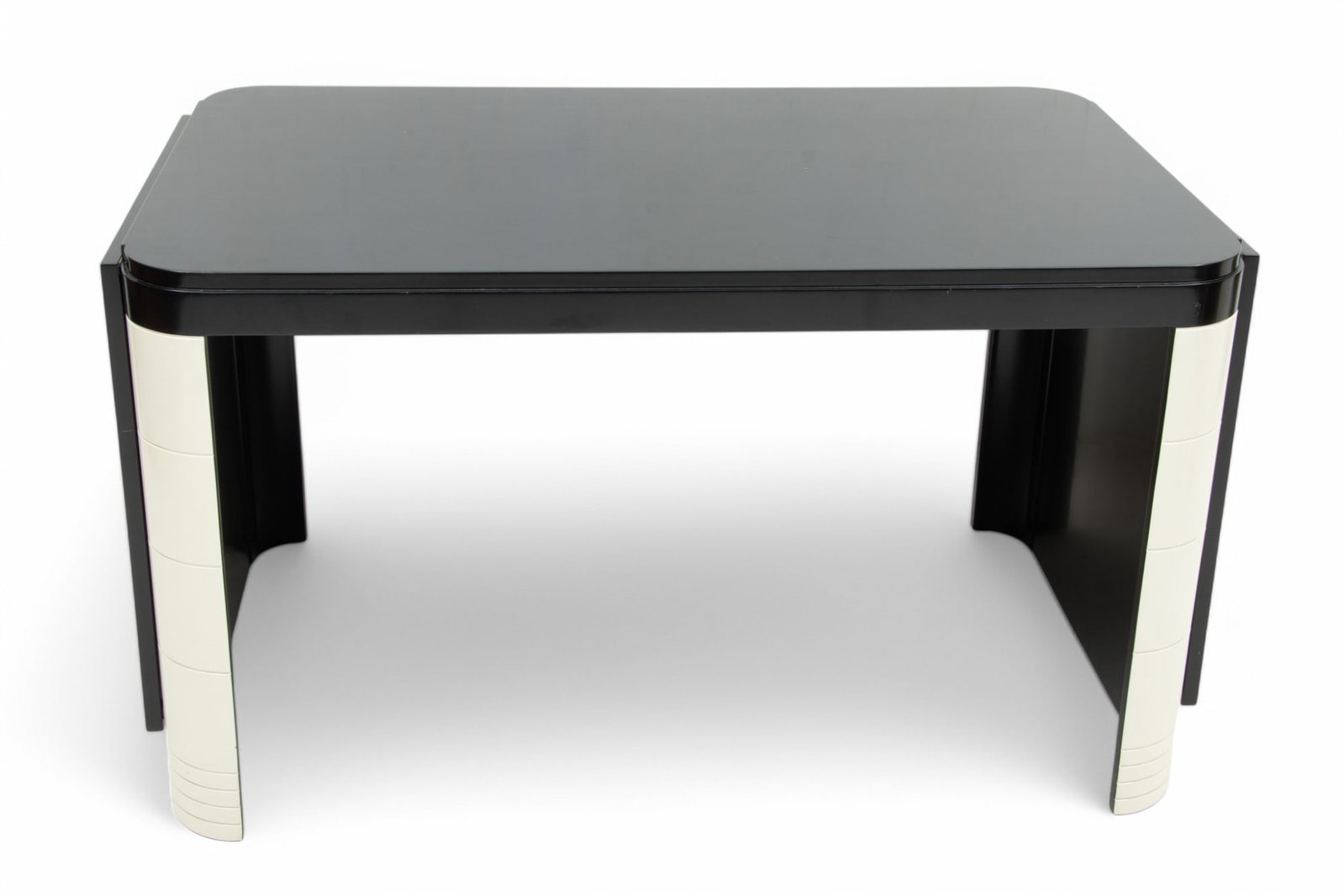 Art Deco Style Lacquered Wood Table/Desk, Ca. 1970, H 30.75'' W 53.75'' Depth 34'': Art Deco Style Lacquered Wood Table/Desk, Ca. 1970, H 30.75'' W 53.75'' Depth 34'' The Art Deco style desk with black and white lacquered wood finish. 25" drop leaves at either end with pull-out suppo