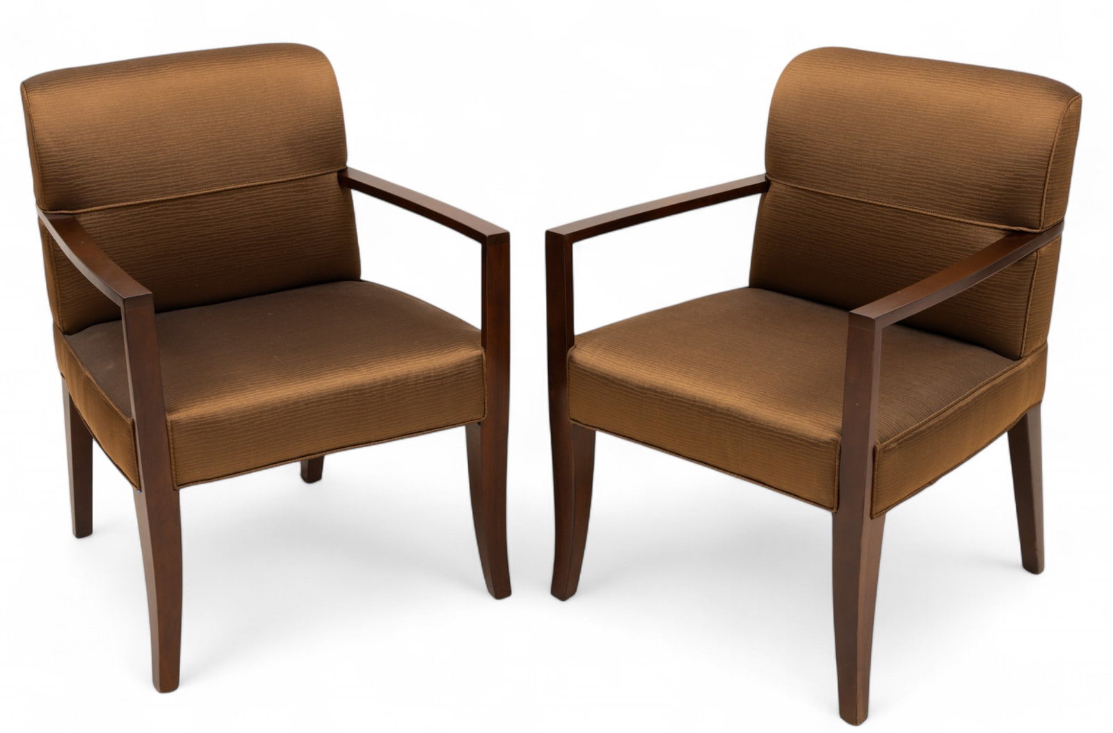 Baker Furniture Upholstered Open Arm Chairs H 33" W 24.75" Depth 25" 2 PCS: Baker Furniture Upholstered Open Arm Chairs H 33" W 24.75" Depth 25" 2 PCS Mahogany arms and legs. Bronze upholstered seats and backs, marked on underside. Dimensions: 2 PCS x H 33" W 24.75" Depth 25"