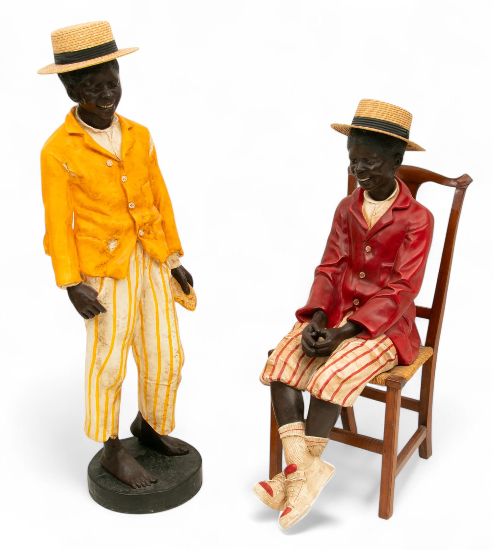 Delarue-Picard 1885 (French) Life Size Polychrome Plaster Sculptures, Late 20th C., 2 PCS: Delarue-Picard 1885 (French) Life Size Polychrome Plaster Sculptures, Late 20th C., 2 PCS Two smiling young gentlemen. One including a wooden chair. Both wearing straw hats. Chair H 41" W 18" D 17" Pr