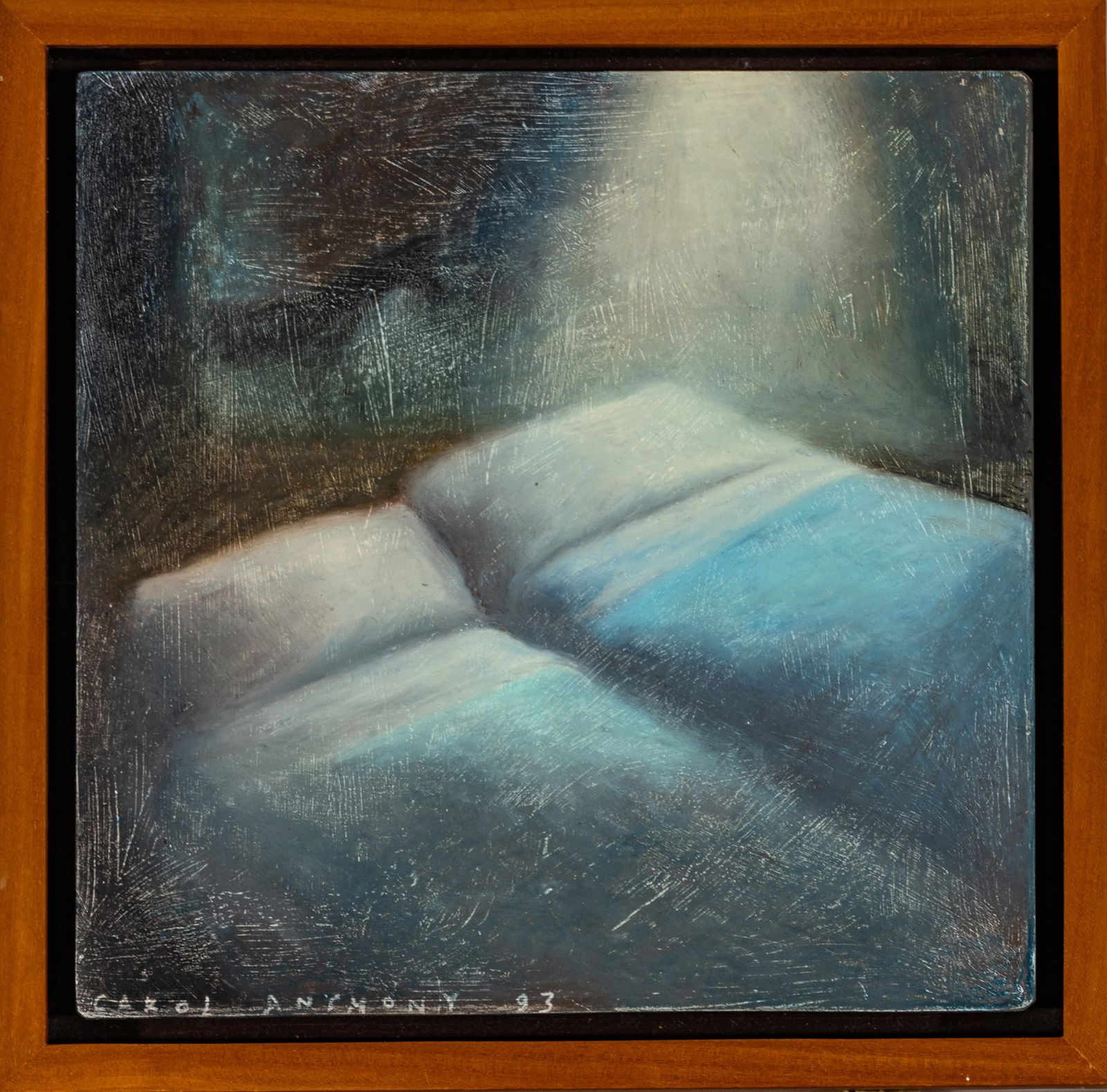 Carol Anthony (American, B. 1943) Oil Pastel on Gessoed Masonite 1993, 'Manager Room, Twin Blue Beds: Carol Anthony (American, B. 1943) Oil Pastel on Gessoed Masonite 1993, 'Manager Room, Twin Blue Beds with Horse', H 9.4" W 9.4" Frame Size: H 11" W 11" Signed and dated lower left. Provenance: