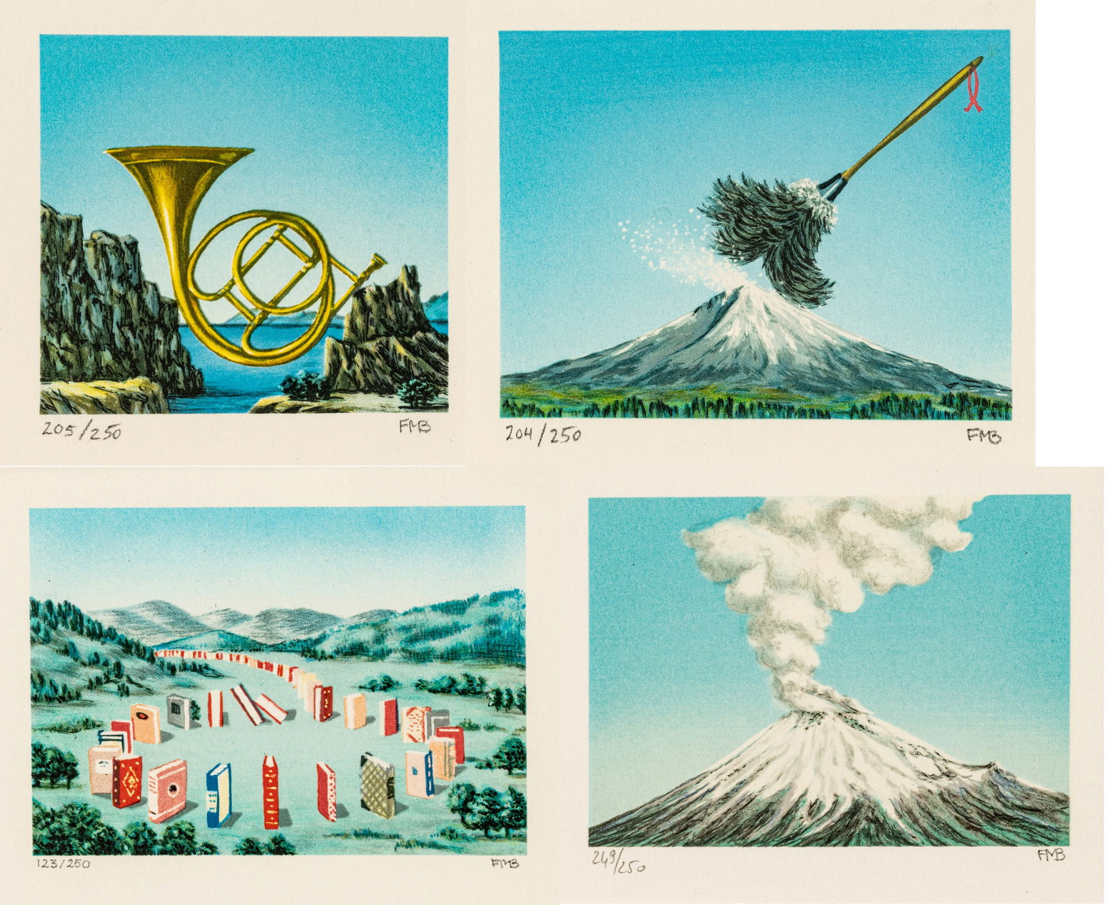 Fanny Brennan (American/French, 1921-2001) Lithographs in Colors on Wove Paper, 1992-96, 'Big Horn;: Fanny Brennan (American/French, 1921-2001) Lithographs in Colors on Wove Paper, 1992-96, 'Big Horn; Fuji Under Siege; Book Circle; Letting Off Steam', H 6" W 7" Frame Size: H 9.5" W 10.5" 4 PCS Each i