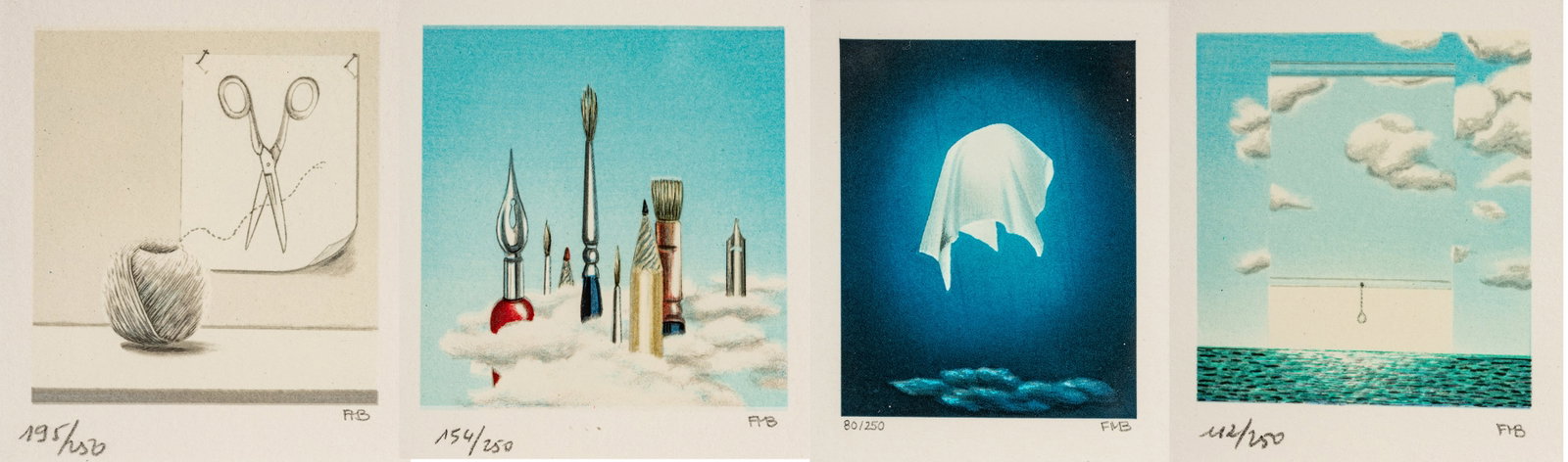 Fanny Brennan (American/French, 1921-2001) Lithographs in Colors on Wove Paper 1992-96 String And: Fanny Brennan (American/French, 1921-2001) Lithographs in Colors on Wove Paper 1992-96 String And Scissors; Art Forms; Eclipse; Skyshade, H 7" W 6" Frame Size: H 10.5" W 9.5" 4 PCS Each signed in penc