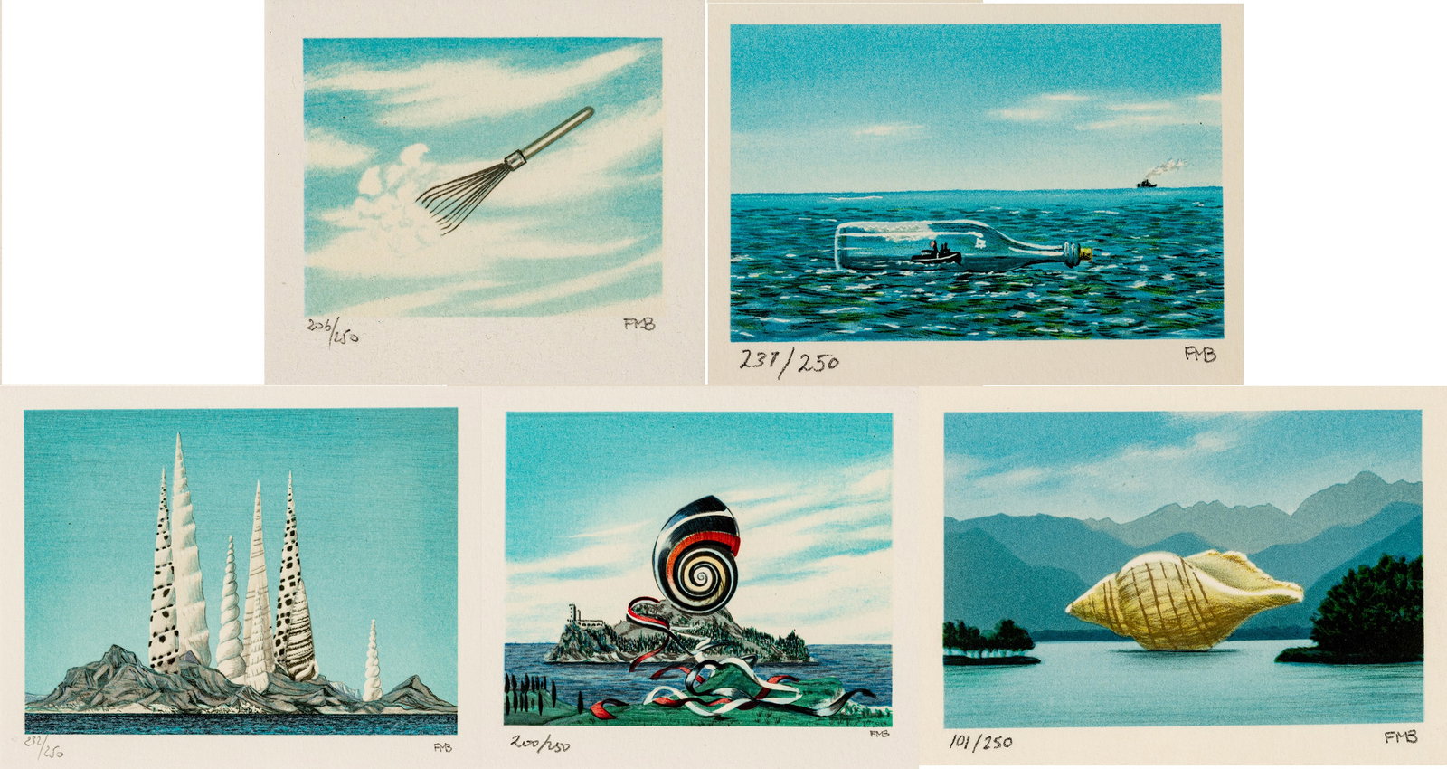 Fanny Brennan (American/French, 1921-2001) Lithographs in Colors on Wove Paper 1992-96, 'Visitor;: Fanny Brennan (American/French, 1921-2001) Lithographs in Colors on Wove Paper 1992-96, 'Visitor; Ribbon Snail; Shell City; Tugboat Afloat; Nuage a La Neige', H 6" W 7" Frame Size: H 9.5" W 10.5" 5 PC