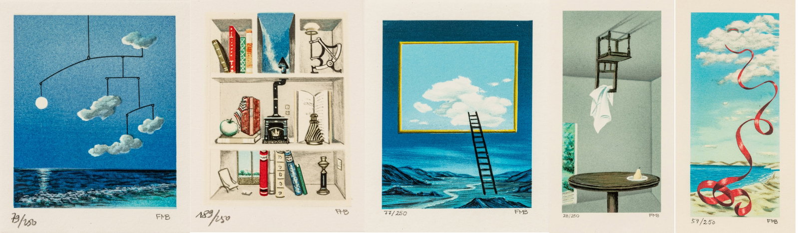 Fanny Brennan (American/French, 1921-2001) Lithographs in Colors on Wove Paper 1992-96, 'Falling: Fanny Brennan (American/French, 1921-2001) Lithographs in Colors on Wove Paper 1992-96, 'Falling Ribbon; Still Life with Pear; Ladder; Sandy's Moon; Nadines Bookcase', H 7" W 6" Frame Size: H 10.5" W 
