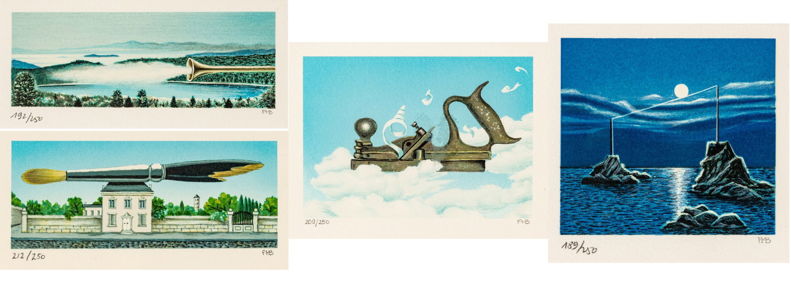 Fanny Brennan (American/French, 1921-2001) Lithographs in Colors on Wove Paper 1992-96, 'Pink House;: Fanny Brennan (American/French, 1921-2001) Lithographs in Colors on Wove Paper 1992-96, 'Pink House; Tight Rope; Clarion; Airplane', H 6" W 7" Frame Size: H 9.5" W 10.5" 4 PCS Each signed in pencil lo