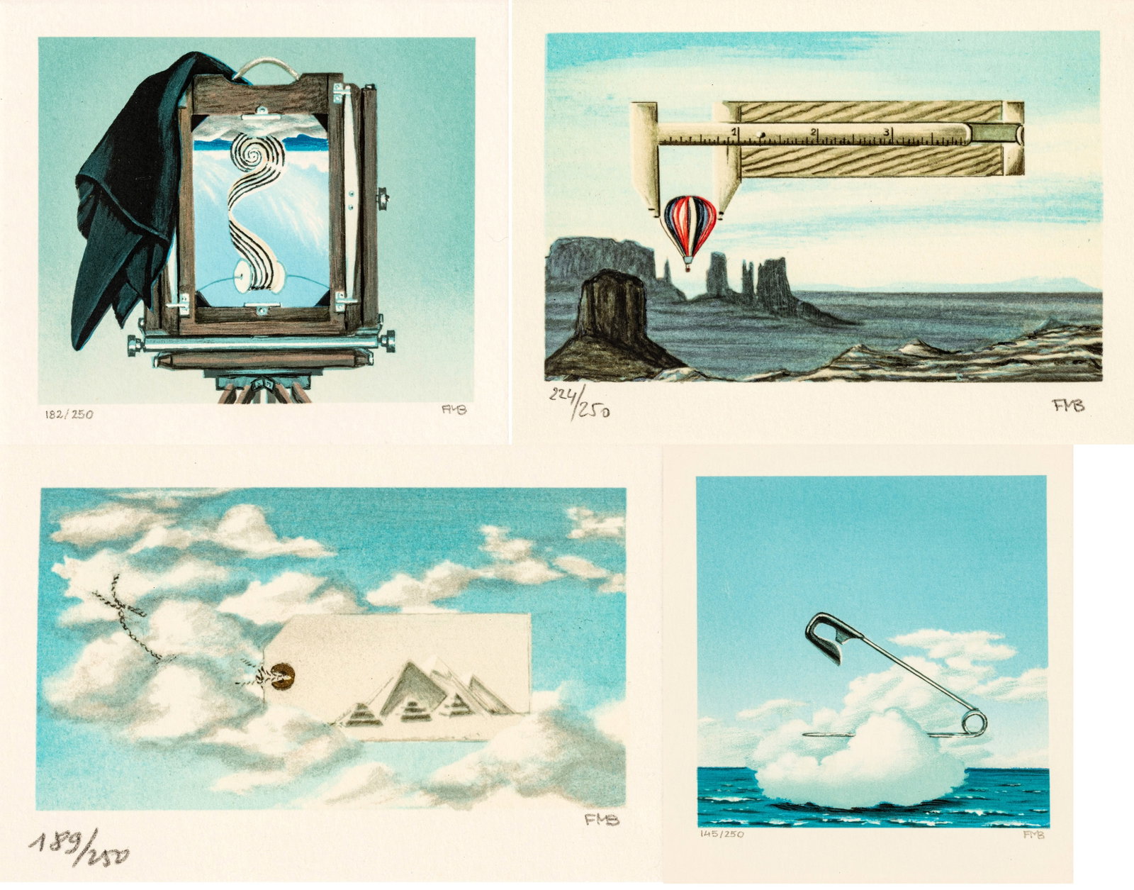 Fanny Brennan (American/French, 1921-2001) Lithographs in Colors on Wove Paper 1993-96, 'Safety Pin: Fanny Brennan (American/French, 1921-2001) Lithographs in Colors on Wove Paper 1993-96, 'Safety Pin Clouds; Deardorf; Captive Balloon; Sky Trip', H 6" W 7" Frame Size: H 9.5" W 10.5" 4 PCS Each signed