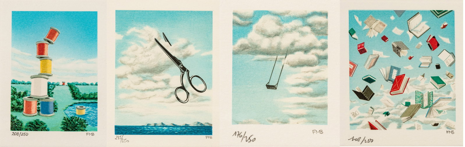 Fanny Brennan (American/French, 1921-2001) Lithographs in Colors on Wove Paper 1993-96, 'Skyswing;: Fanny Brennan (American/French, 1921-2001) Lithographs in Colors on Wove Paper 1993-96, 'Skyswing; Tremor; Cutting Clouds; Mess of Books', H 7" W 6" Frame Size: H 10.5" W 9.5" 4 PCS Each signed in pen