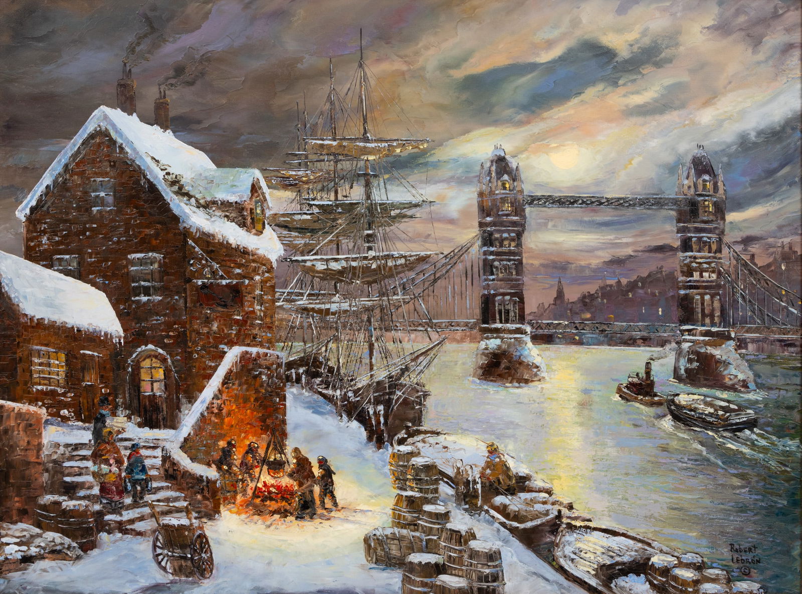 Robert Lebron (American, 1928-2013) Oil on Canvas, Ca. 1980s, 'Moonlight on the River Thames', H 30": Robert Lebron (American, 1928-2013) Oil on Canvas, Ca. 1980s, 'Moonlight on the River Thames', H 30" W 40" Frame Size: H 40" W 50" Signed in the lower right. Moonlit winter scene of the River Thames.