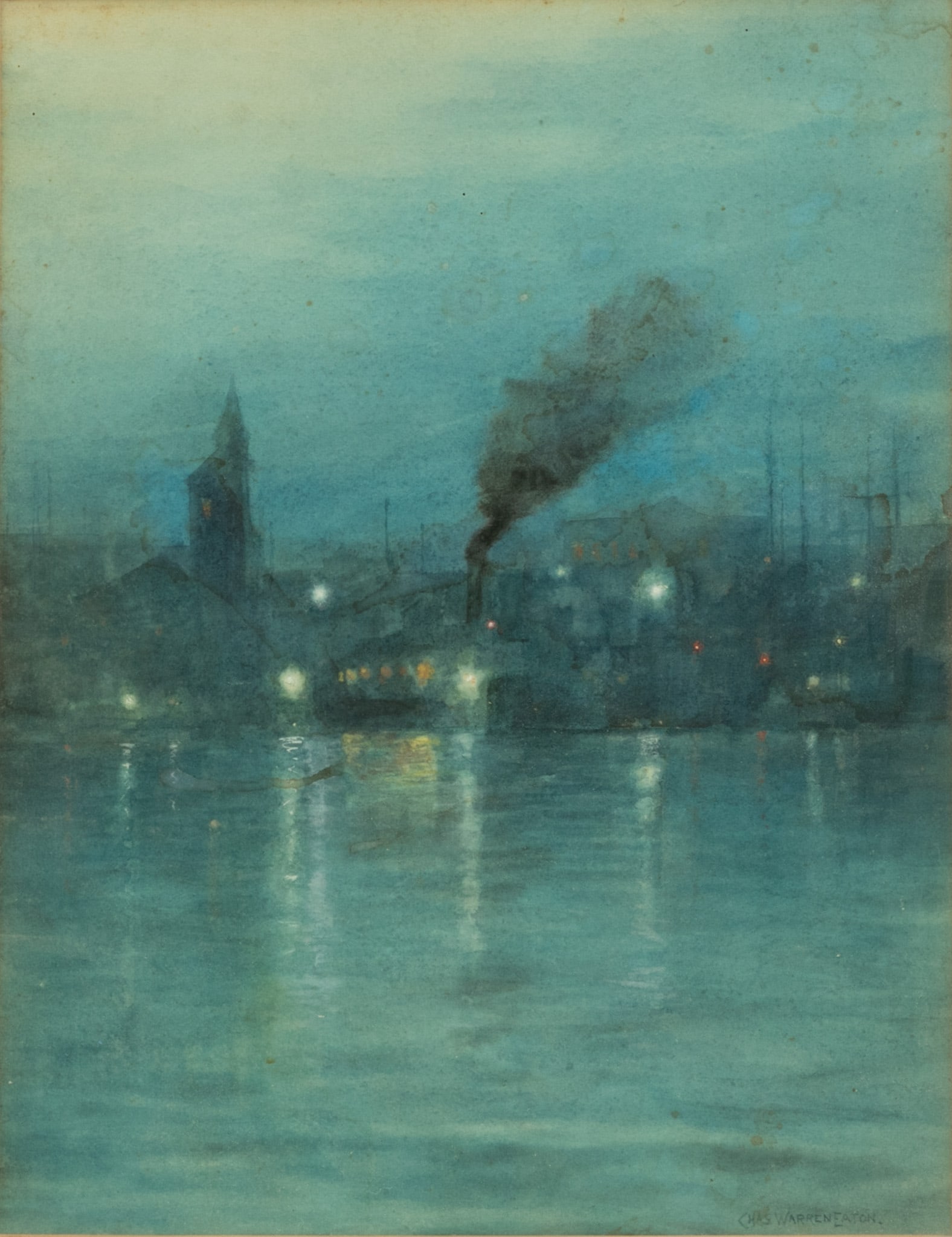 Charles Warren Eaton (American, 1857-1937) Watercolor on Paper, 'Lights on the Shore', H 15" W 11.5": Charles Warren Eaton (American, 1857-1937) Watercolor on Paper, 'Lights on the Shore', H 15" W 11.5" Frame Size: H 25.75" W 19.75" Signed in the lower right. Nocturnal view of a town at the water's ed