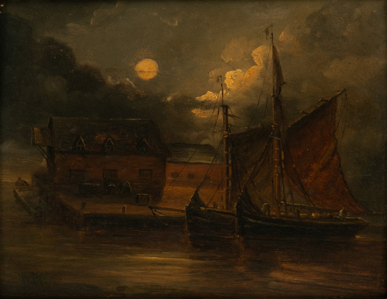 English Oil on Mahogany Panel 1880-1900, 'Wharf Nocturne', H 8.75" W 11" Frame Size: H 15" W 17.5": English Oil on Mahogany Panel 1880-1900, 'Wharf Nocturne', H 8.75" W 11" Frame Size: H 15" W 17.5" A nocturnal scene of work boats tied up at a warehouse wharf. Bearing the artist initials lower left 