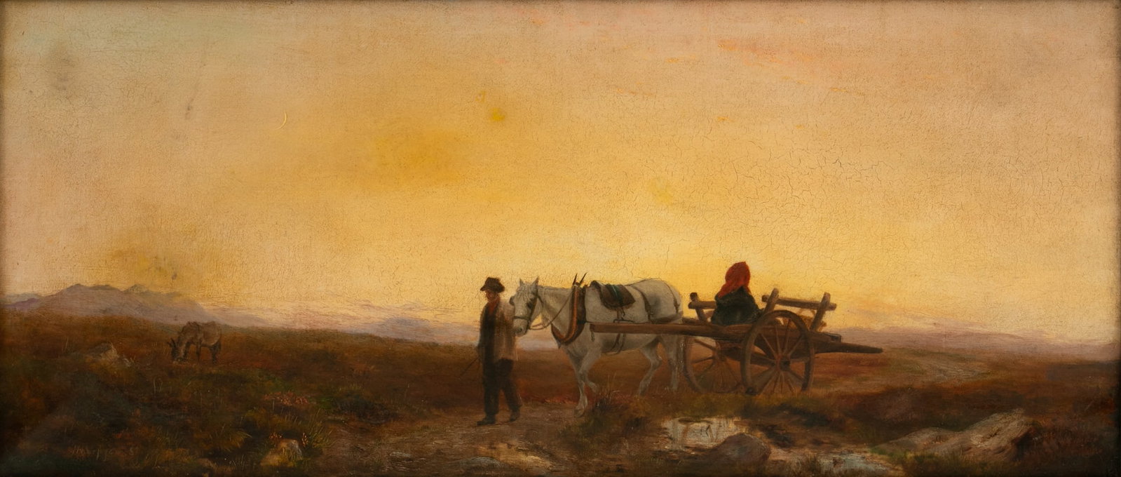 Eastern European (Signed) Oil on Canvas 'Farmer with Horse Drawn Cart', H 15" L 35" Frame Size: H: Eastern European (Signed) Oil on Canvas 'Farmer with Horse Drawn Cart', H 15" L 35" Frame Size: H 21" W 41" Possibly Czechoslovakia. Signed. Original canvas. Horse drawn cart with woman inside wearing