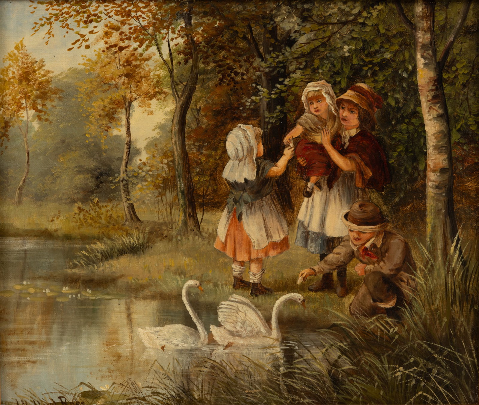 Joseph Halford Ross (British, 1866-1909) Oil on Canvas 'Feeding Swans', H 12" W 14" Frame Size: H: Joseph Halford Ross (British, 1866-1909) Oil on Canvas 'Feeding Swans', H 12" W 14" Frame Size: H 17" W 19" Signed lower left. Provenance: Property from the Estate Collection of Charles and Barbara Gh