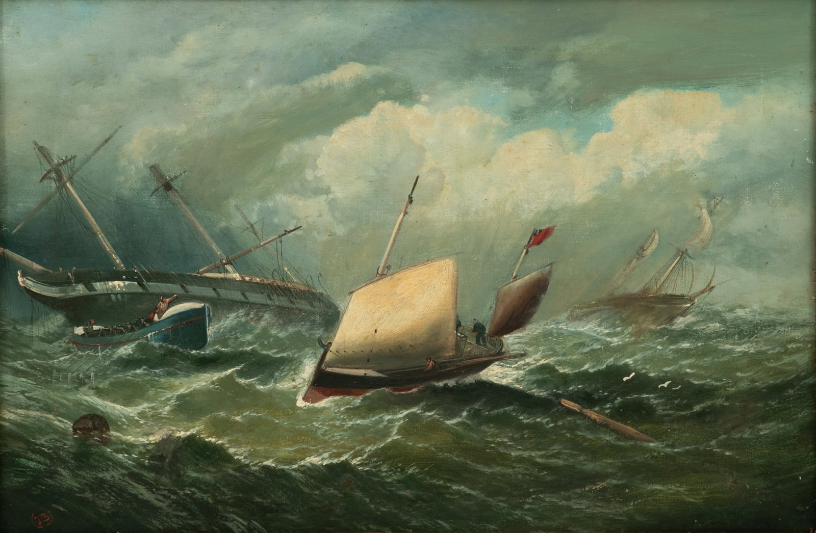 After William (of Ramsgate) Broome (English, 1838-1892) Oil on Canvas, Ca. 20th C., 'Aground on the: After William (of Ramsgate) Broome (English, 1838-1892) Oil on Canvas, Ca. 20th C., 'Aground on the Goodwins', H 16" W 24" Frame Size: H 23" W 31" Signed in monogram JB lower left. Depicting a vessel 