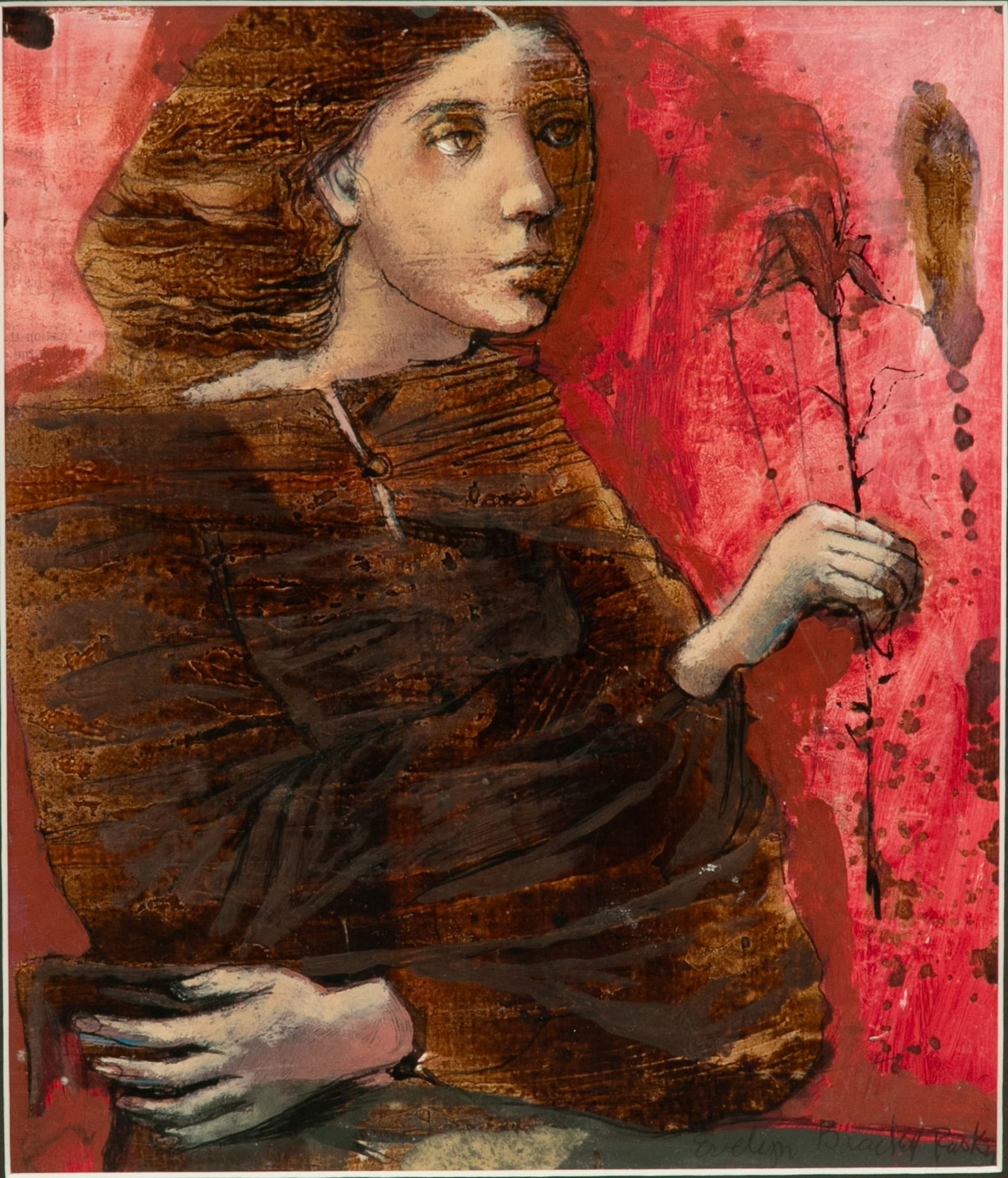 Evelyn Bracket Raskin , B. 1922 Watercolor 1960, 'Portrait of Lady', H 9" W 8" Frame Size: H 16" W (1 of 8)