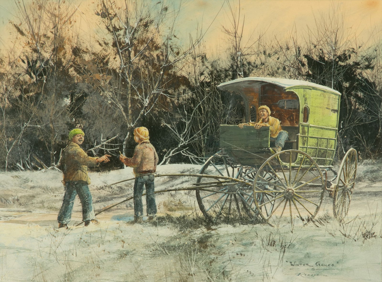 Ron Roesch, Winter Games Gouache And Watercolor H 13" W 17" Frame Size: H 22"  W 26" (1 of 4)