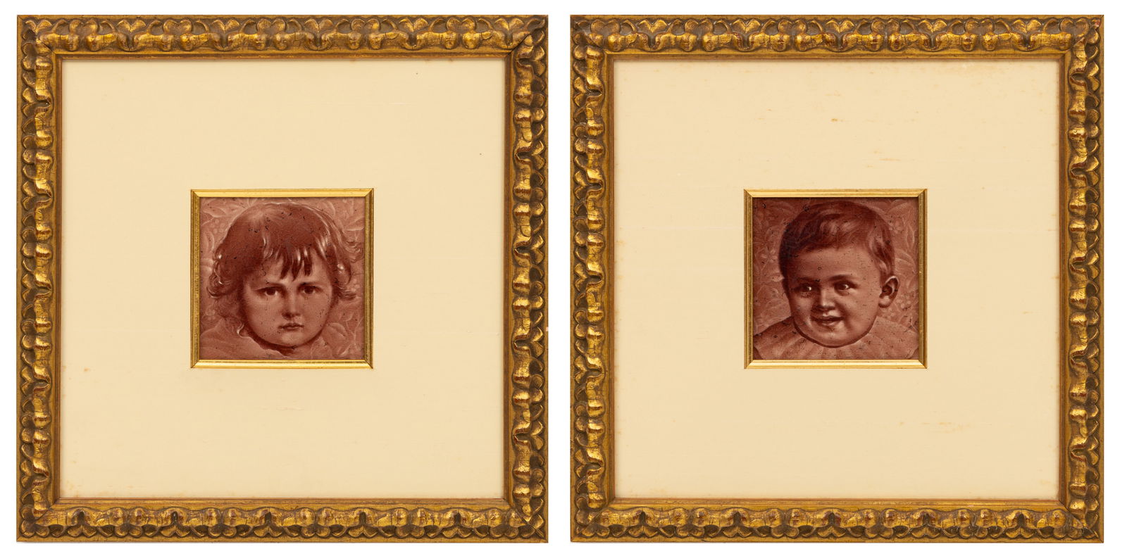 American Encaustic Tiling Company (New York) Ceramic Tile Portraits of Children, H 6" W 6" Frame (1 of 7)