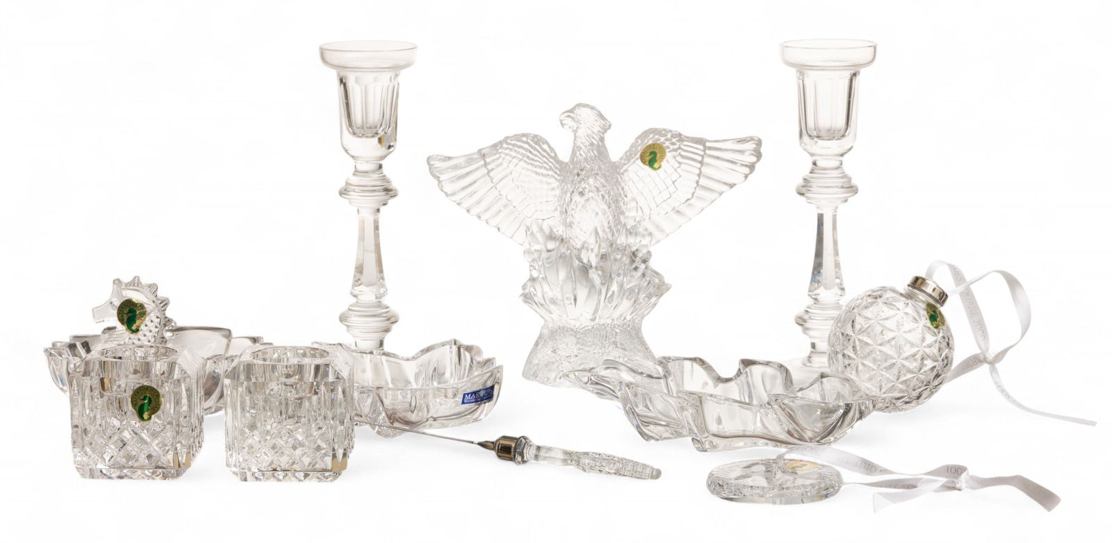 Waterford Crystal Candlesticks, Eagle, Coaster Etc 12 PCS: Waterford Crystal Candlesticks, Eagle, Coaster Etc 12 PCS All Waterford: air Waterford candlesticks 8", Pair candlesticks 2.5", letter opener, bottle coaster Di 5" H 3", 1 seahorse 3.5", Eagle 7" x 8"