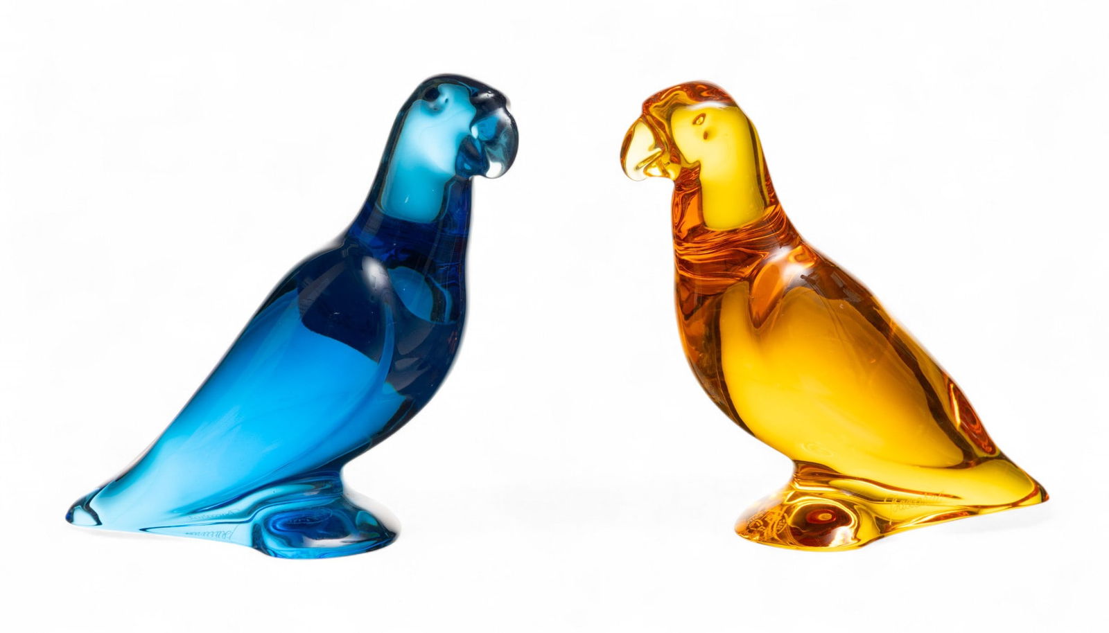 Baccarat (French, B. 1764) Blue And Orange Crystal Parrots H 4" W 1.5" L 5" 2 PCS (1 of 7)