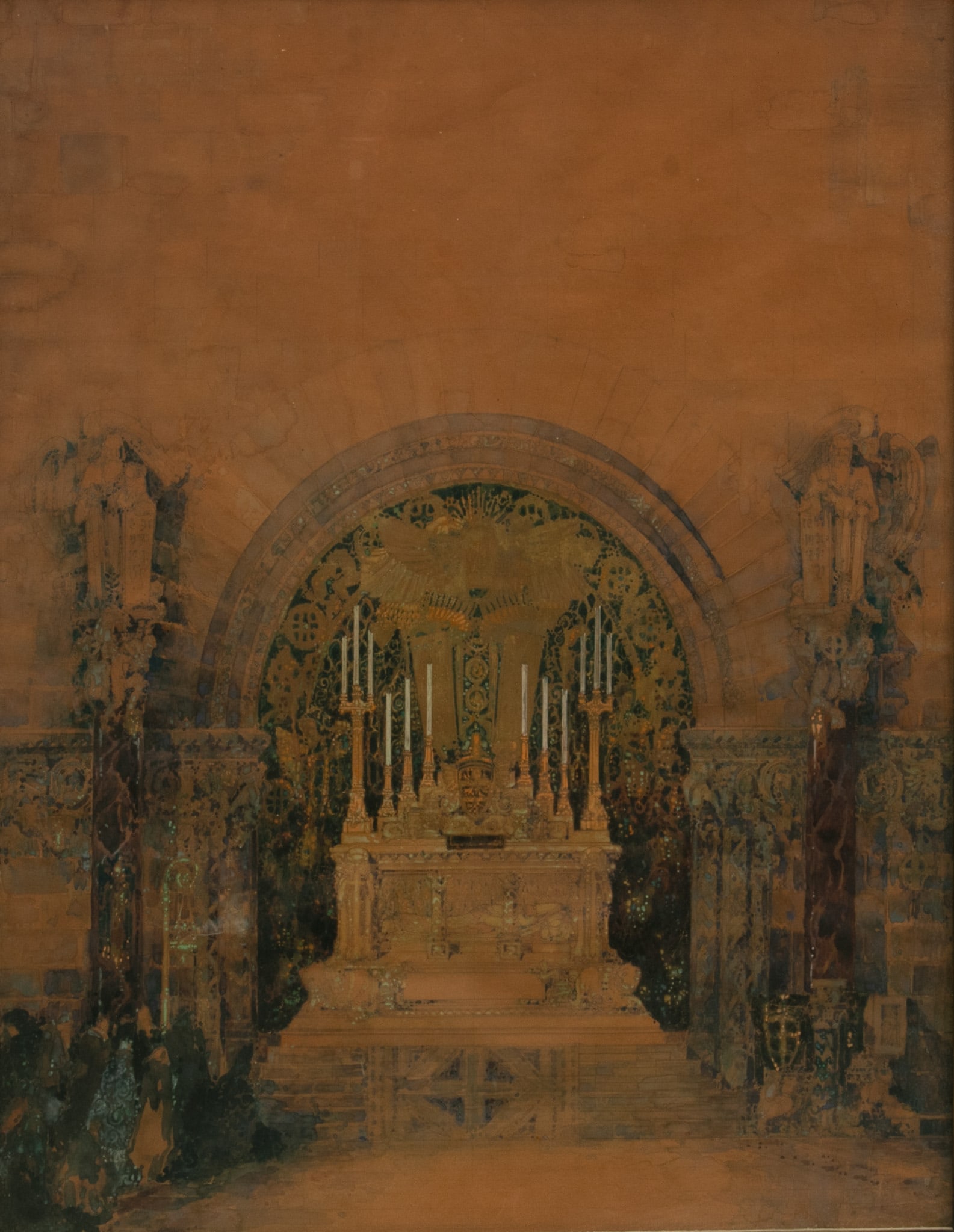 Attributed to Leonard Willeke (American, 1884-1970) Watercolor And Ink Architectural Drawing H 28" W: Attributed to Leonard Willeke (American, 1884-1970) Watercolor And Ink Architectural Drawing H 28" W 24" Frame Size: H 34" W 30" Unsigned. Framed H. 34" W. 30" Provenance: Property from an Indian Vill